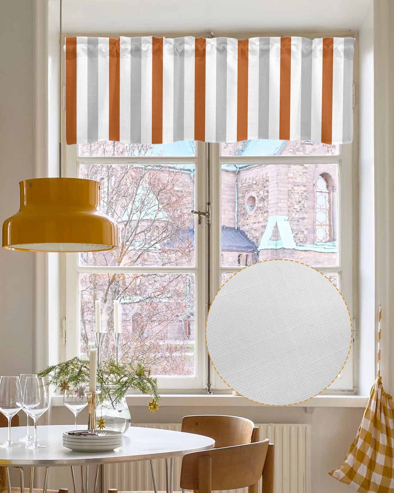 Burnt Orange Gray Striped Kitchen Valances for Windows Farmhouse Linen Window Valance Curtain for Living Room Window Treatment Farmhouse Stripe Art Valance Rod Pocket Topper Drape, 54 x 18 Inch