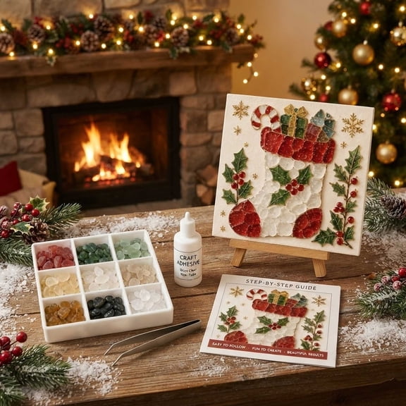 Christmas Sea Glass Art Kit, DIY Mosaic Craft with Santa and Tree, Beginner-Friendly Home Decor Gift for Adults
