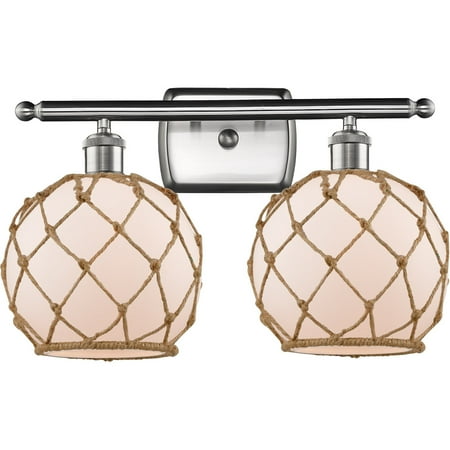 

Brushed Satin Nickel Tone Bathroom Vanity 16 Wide White with Brown Rope Glass Steel/Cast Brass Medium Base 2 Light Fixture