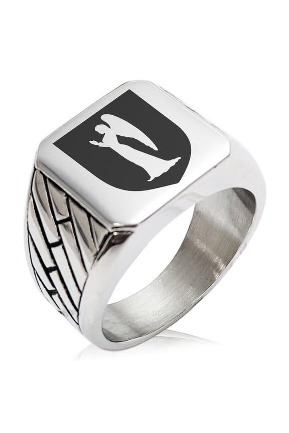 Stainless Steel Angel Divinity Coat of Arms Shield Geometric Pattern Biker Style Polished Ring