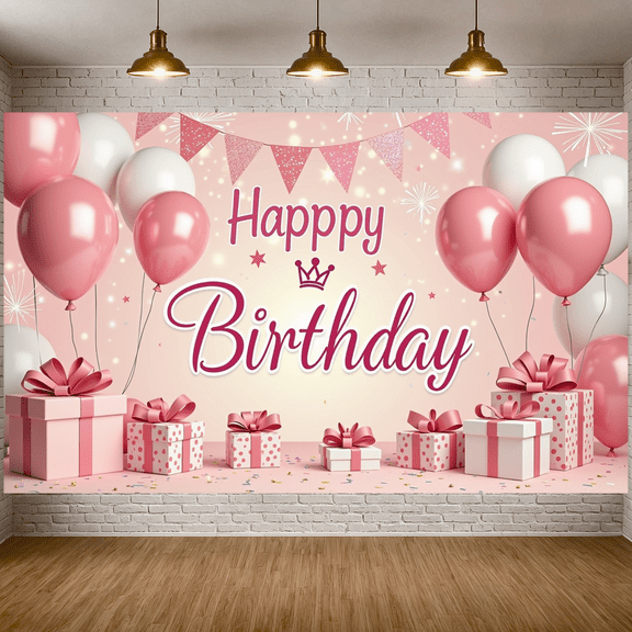 Pink Style Banner Balloon Decor Birthday Party Banner Crown Pattern Sparkling Effect Princess Birthday Banner for Girls Birthday Birthday Party Photo Shoot Background
