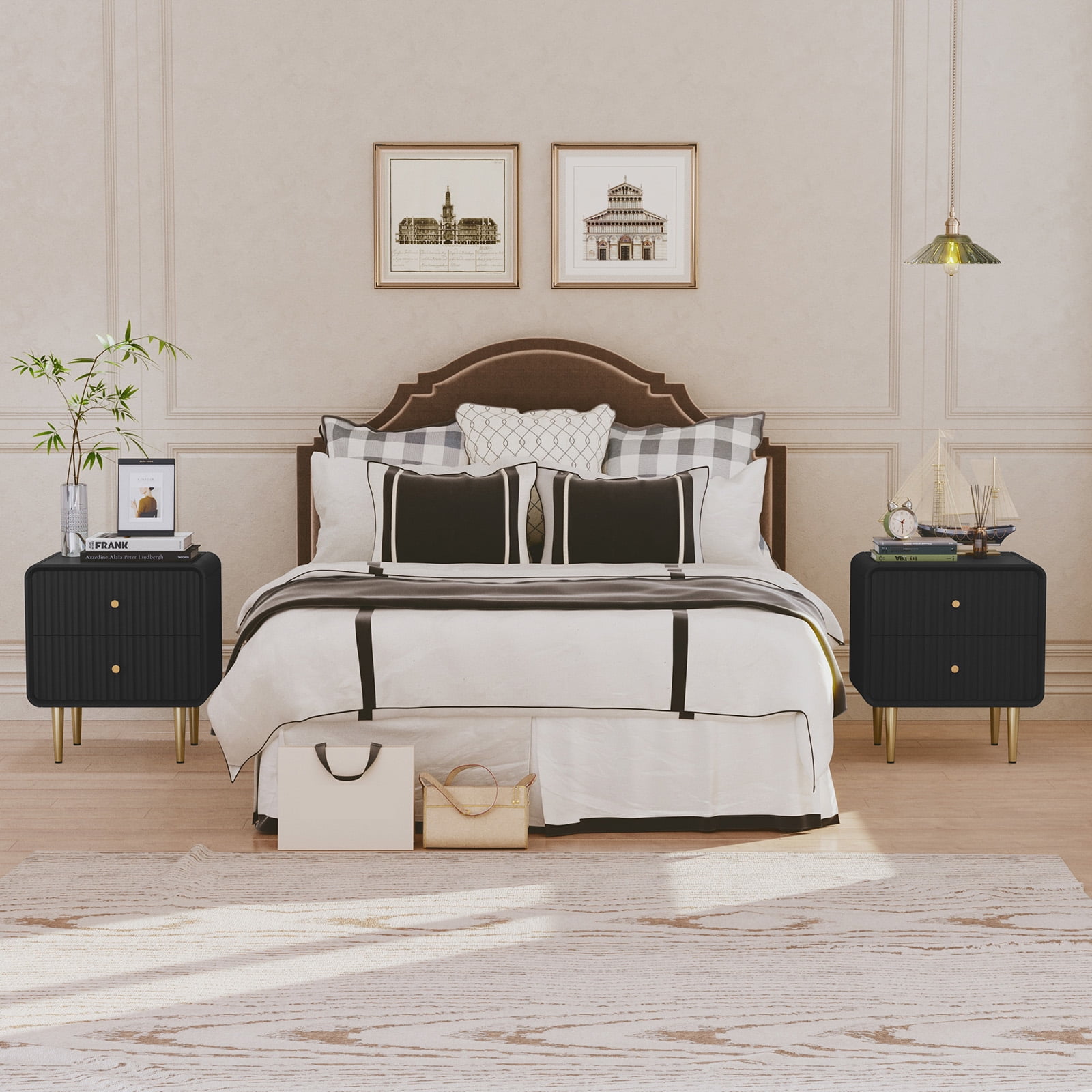CBJCBJ Modern Bedroom Nightstand Set of 2, 20-Inch Wood Bedside Table with 2 Drawers and Gold Handles, Black
