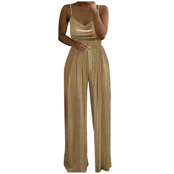 Mono de mujer de color liso con dos tirantes de perlas y cuello en V - Mono de cintura alta para fiestas de verano, S-XL