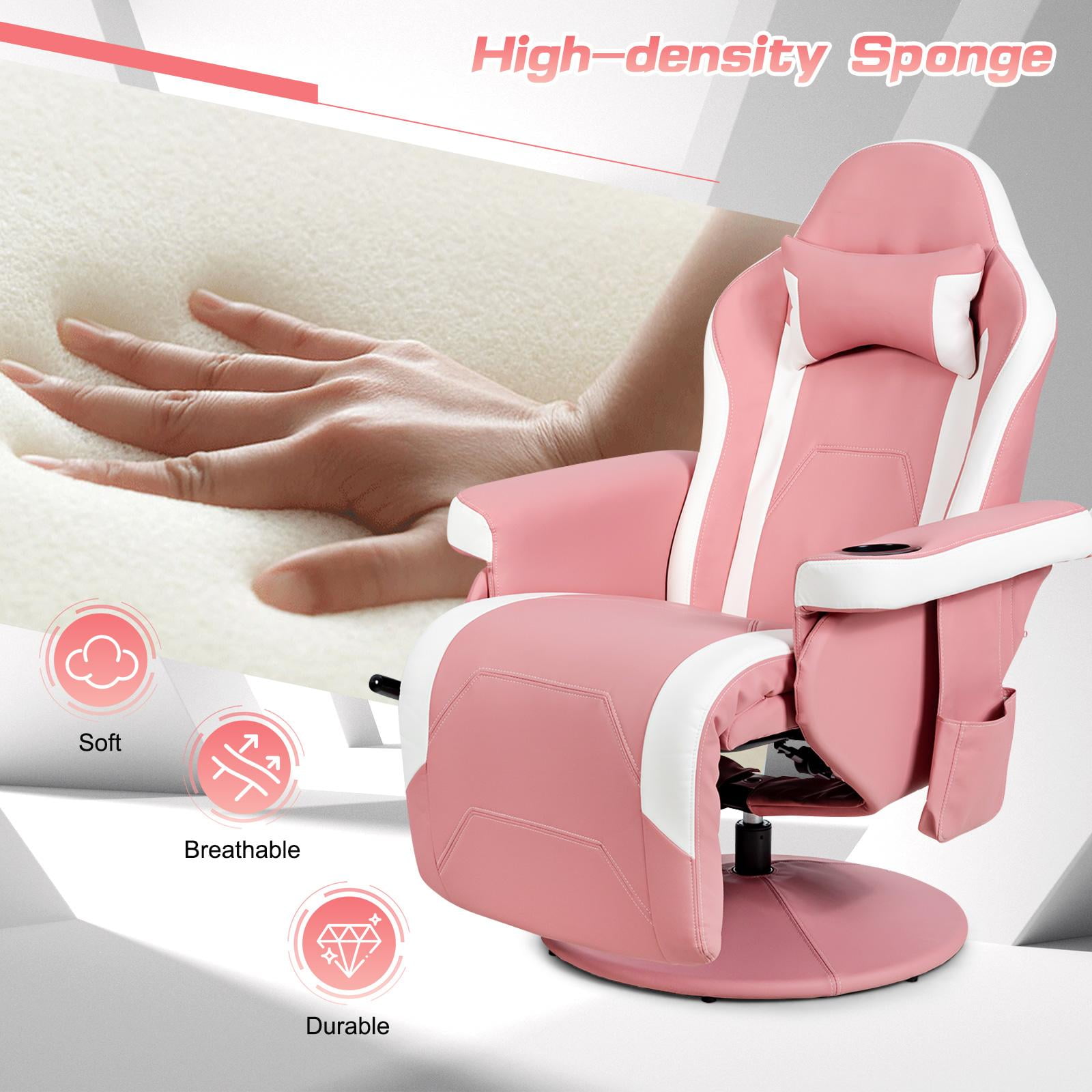 Massage Gaming Recliner, High Back Swivel Home Office Chair w/Adjustable Backrest & Footrest for Gaming, Pink
