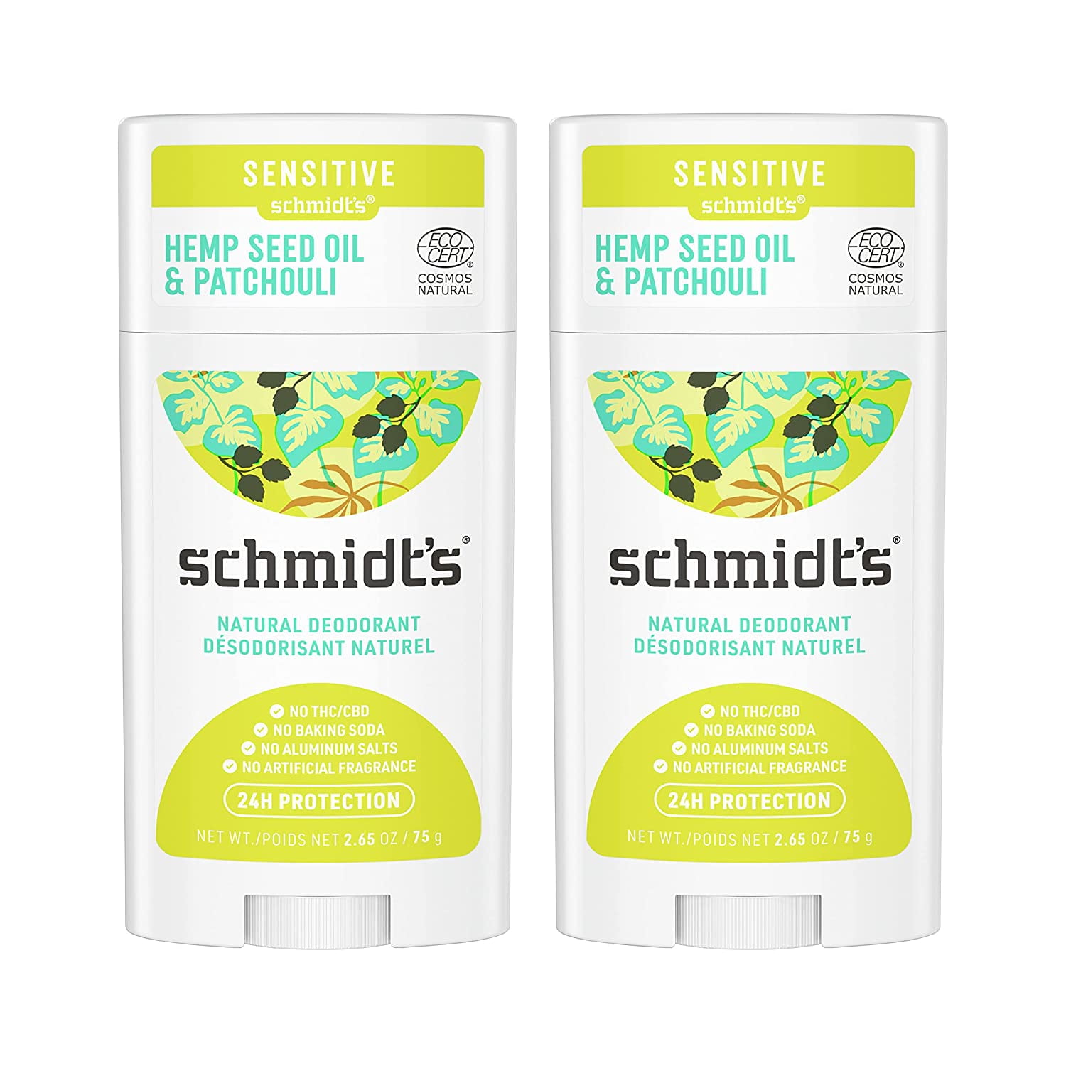 (2 Pack)Schmidt's Deodorant Patchouli + Hops Sensitive, 2.65 oz