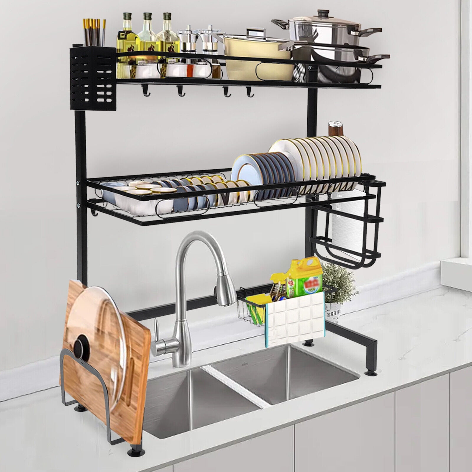 2-Tiers Over-The-Sink Dish Drying Rack Adjustable Large 24.4'' Kitchen Large Drainage Rack Over Sink Kitchen Countertop Dish Drying Sotrage Rack Black