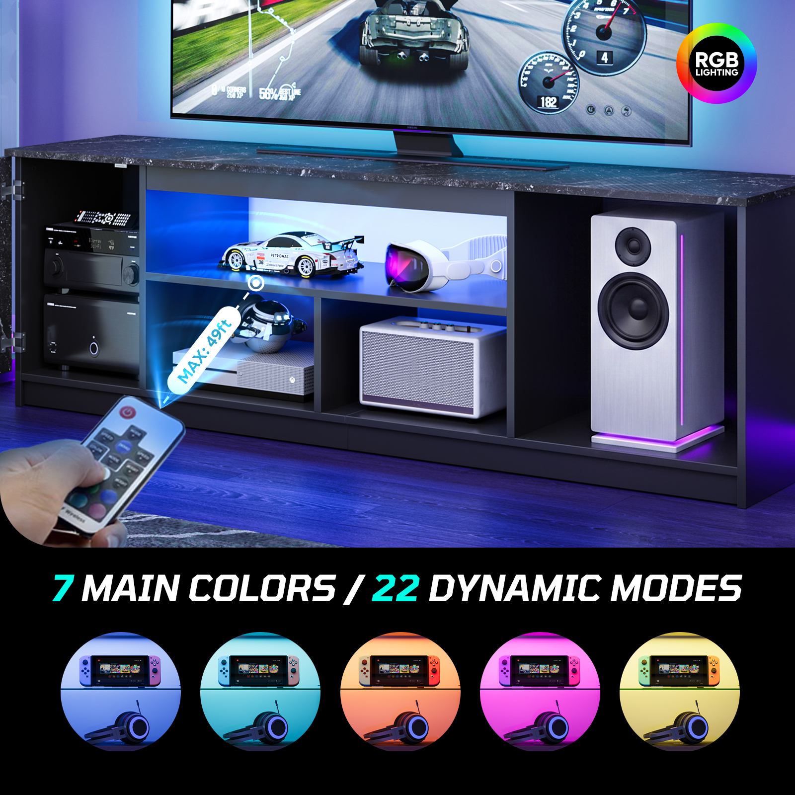 Bestier 63 Inch LED TV Stand for Gaming, Black Marble photo 2