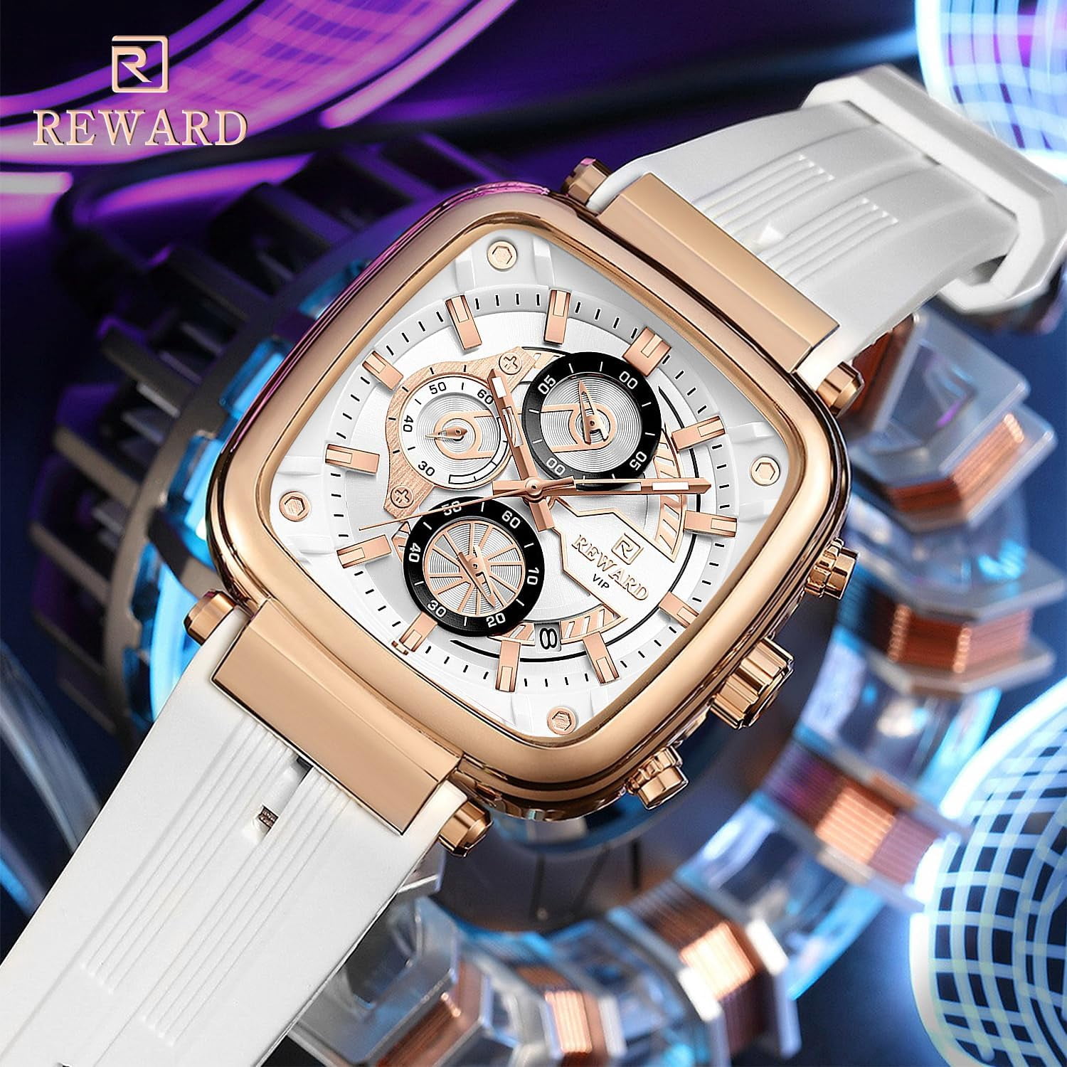 Square Watches for Men Brown Silicone Chronograph Fashion Sports Watch Luminous Waterproof Casual Wrist Watches Blue Red White