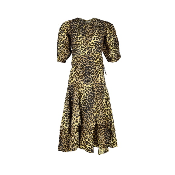 Pre-Owned Ganni Bijou Leopard-Print Wrap Dress in Yellow Cotton