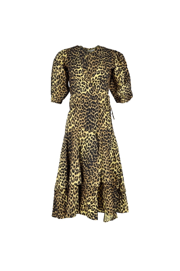 Pre-Owned Ganni Bijou Leopard-Print Wrap Dress in Yellow Cotton