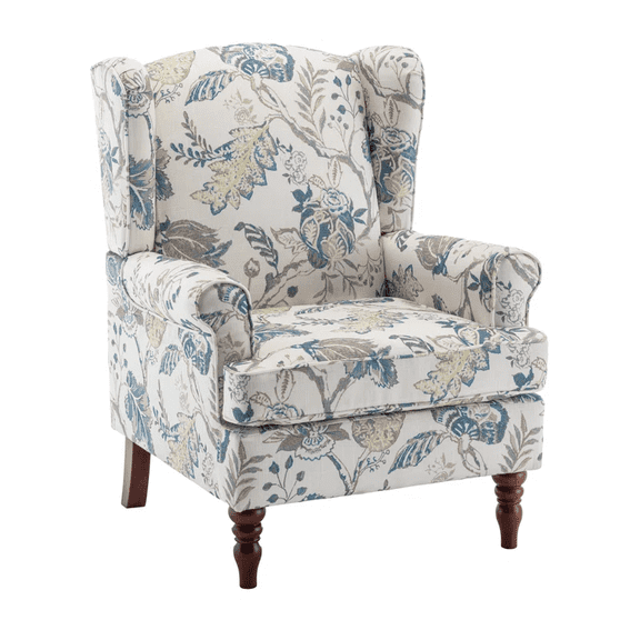 BUPPLEE Modern Floral Print Fabric Accent Chair, Upholstered Armchair with Solid Wood Legs, Single Sofa for Living Room and Bedroom