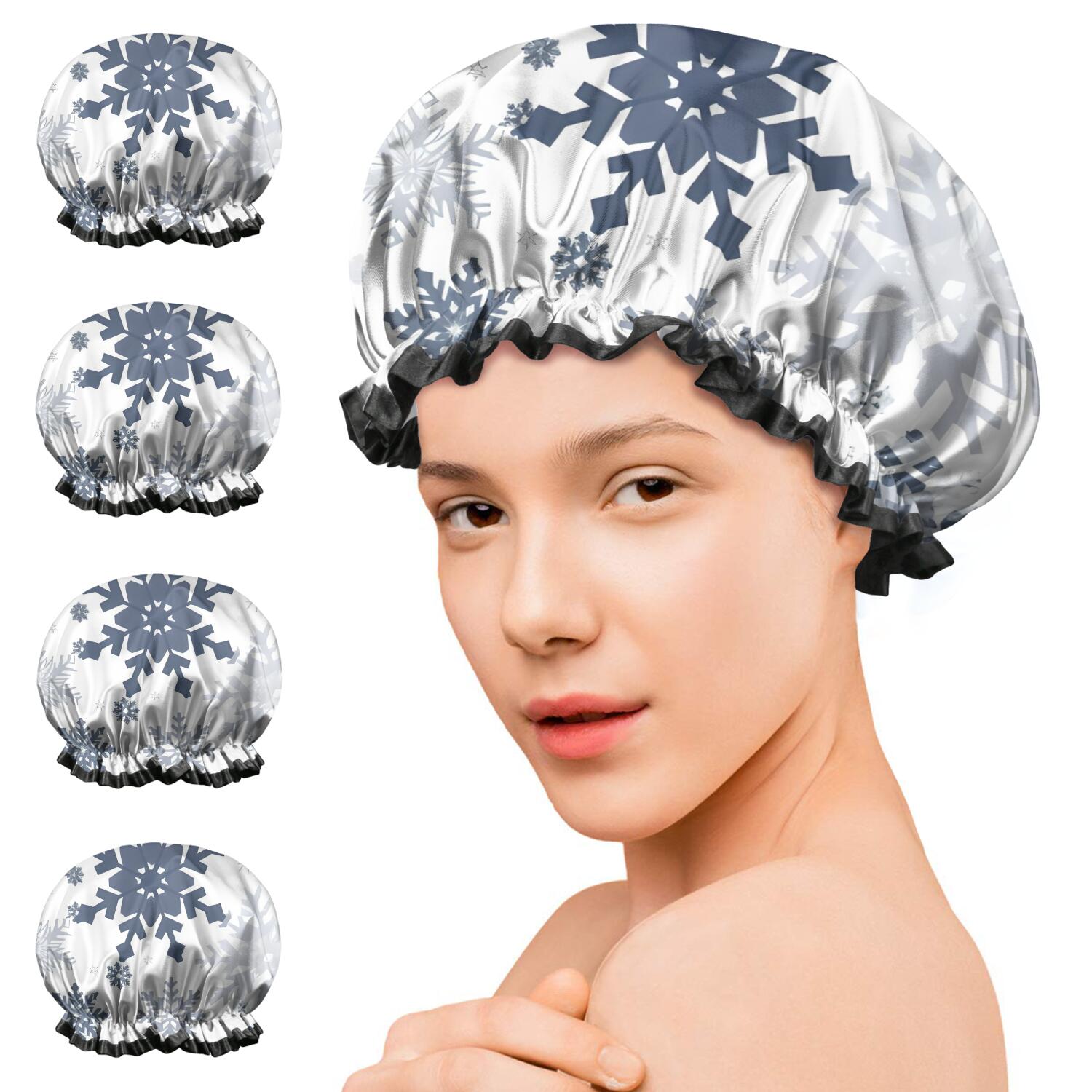 Shower Caps,Blue Christmas Snowflake Pattern Waterproof Shower Cap for Women 4 Pieces,Double Reusable Hair Cover for Shower PEVA Elastic Stretch Hem