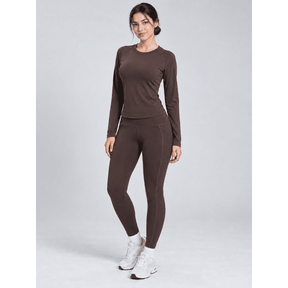 Women's 2-Piece Athletic Outfit Set, Raglan Long-Sleeve Top and Leggings with Pockets, Coffee Brown, M