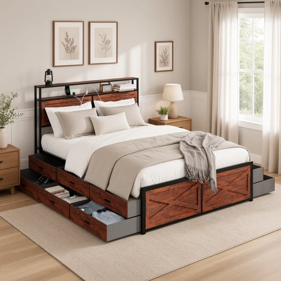 Queen Bed Frame with 12 Storage Drawers & LED Lights, Metal Platform Bed with Charging Station Headboard, No Box Spring Needed for Bedroom, Rustic Brown