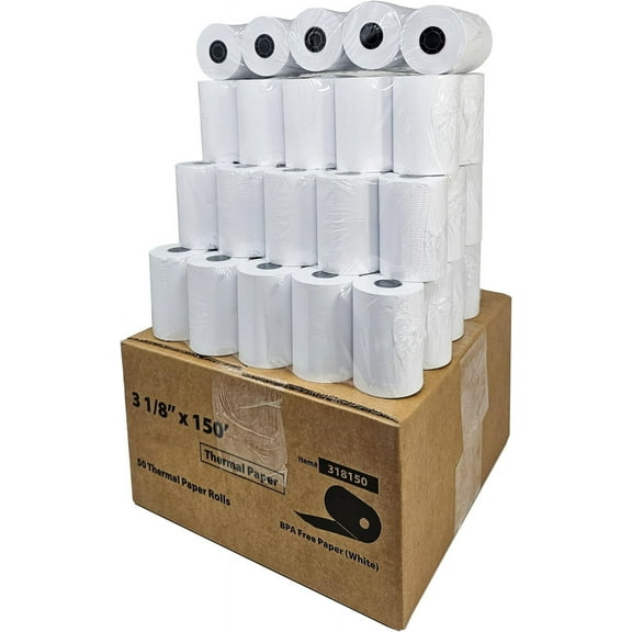 (50 Rolls) 3 1/8 x 150 Thermal Paper Receipt Rolls 48 GSM Paper Thickness fits all Clover POS Cash Register PrintersTSP600 TSP 700 TSP2000 CT S300 from BuyRegisterRolls