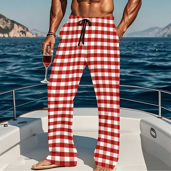 HVOBTTY Mens Comfy Pajama Pants, Spring Pajama Pants for Men, Men's Casual Soft Plaid Print Elastic Waistband Straight Leg Double Pocket Pajamas Pants Red, L