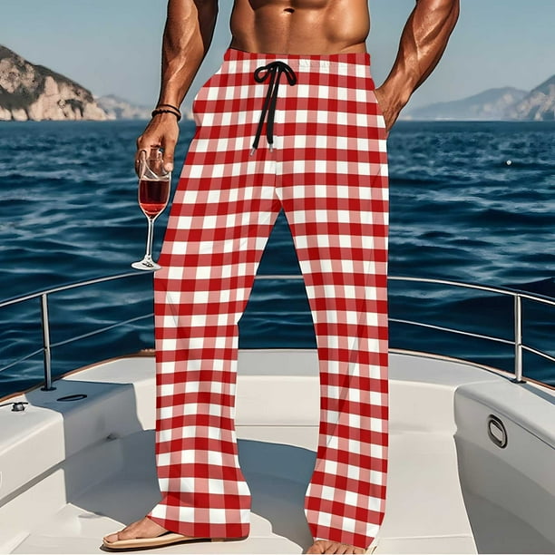 Pantalones de pijama largos para hombre, informales, con estampado a cuadros, holgados, deportivos, elásticos, rectos, vintage, con bolsillos