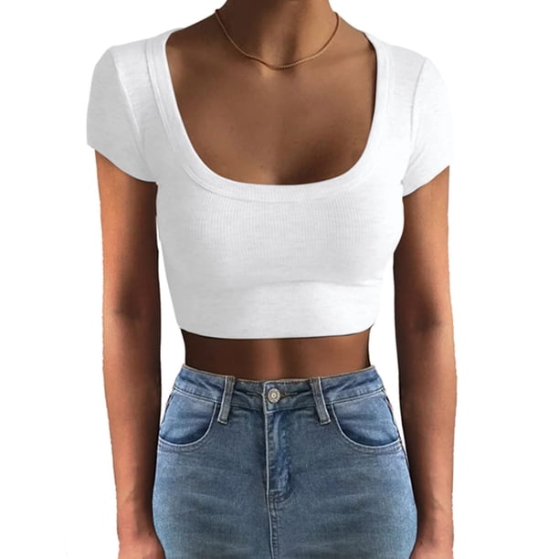 Camiseta de manga corta con cuello redondo, Camiseta de manga corta con cuello redondo, Camisa ajustada con cuello redondo, Camiseta de punto acanalado de manga corta, Multifuncional