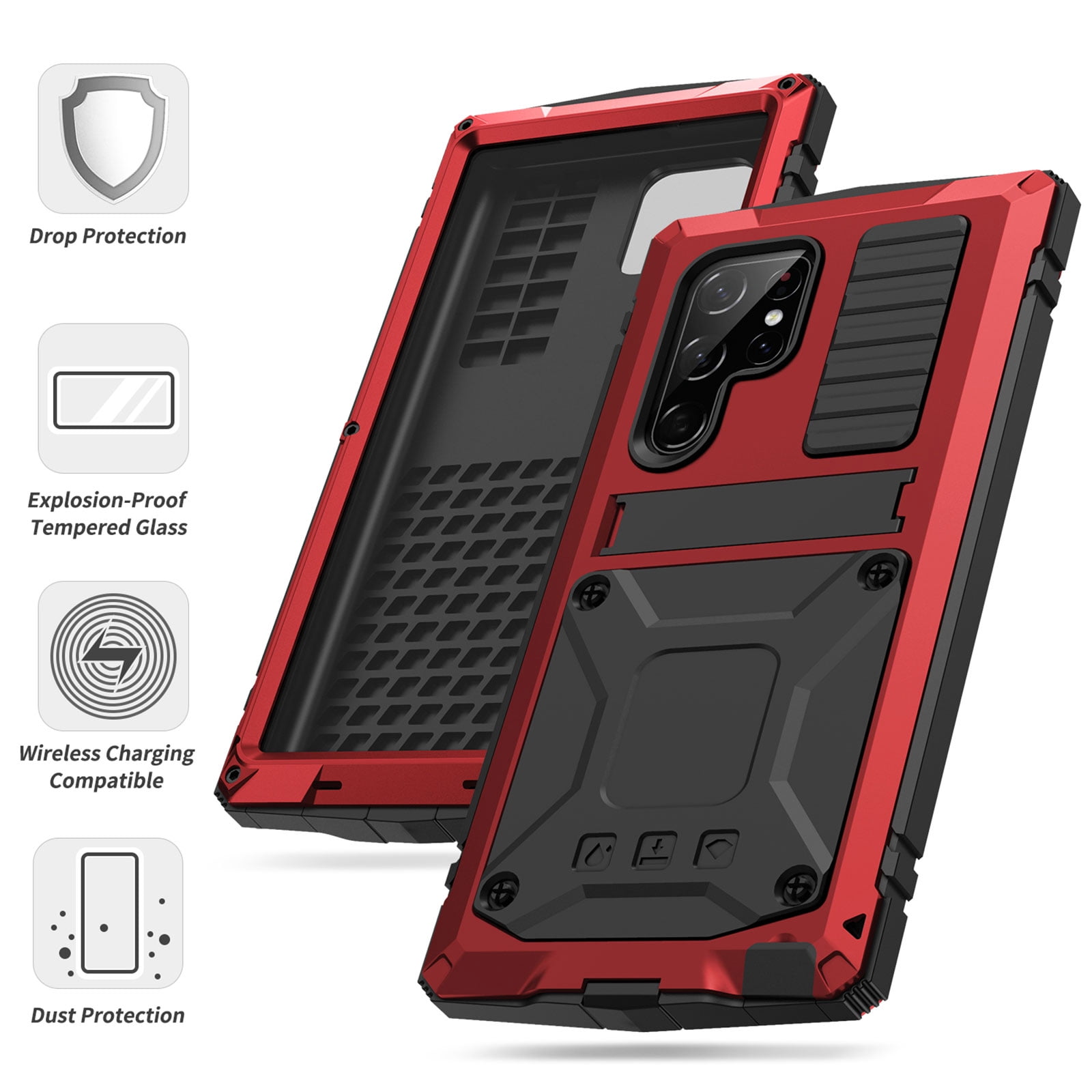 Samsung S22 Ultra Rugged Full-Body Case, Metal Bumper Built-in Screen Protector&Kickstand,Dustproof Drop-Proof,Full Body Protection Heavy Duty Military Cover For Samsung Galaxy S22 Ultra, Red