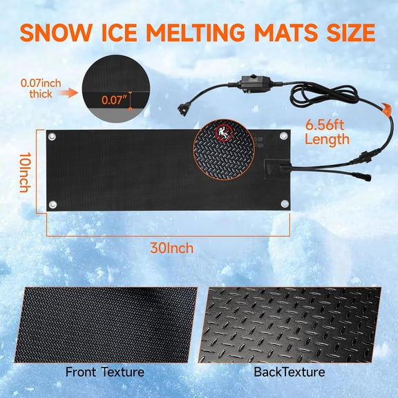 Snow Melting Mats Outdoor 10x30 Inch, Double No-Slip Rubber Heated Driveway Mats for Winter Snow Removal, 2 in/h Ice Melting Mats with Power Cord for Stairs, Walkways, Decks & Sidewalks,1PC