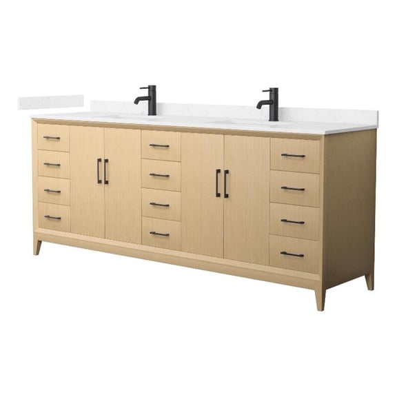 Wyndham Collection WCH757584DHBCCUNSMXX 84 in. Janna Double Bathroom Vanity, Cultured Marble Countertop, Under Mount Square Sinks, Trim - White Oak, Carrara & Matte Black
