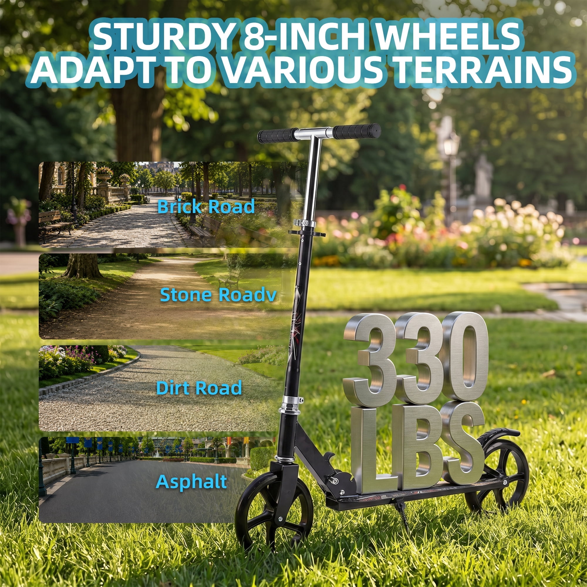 Redsmile Kick Scooter with 3 Adjustable Levels,Folding Commuter Scooter 8 Inch Big Wheels for Teens & Adults,Black