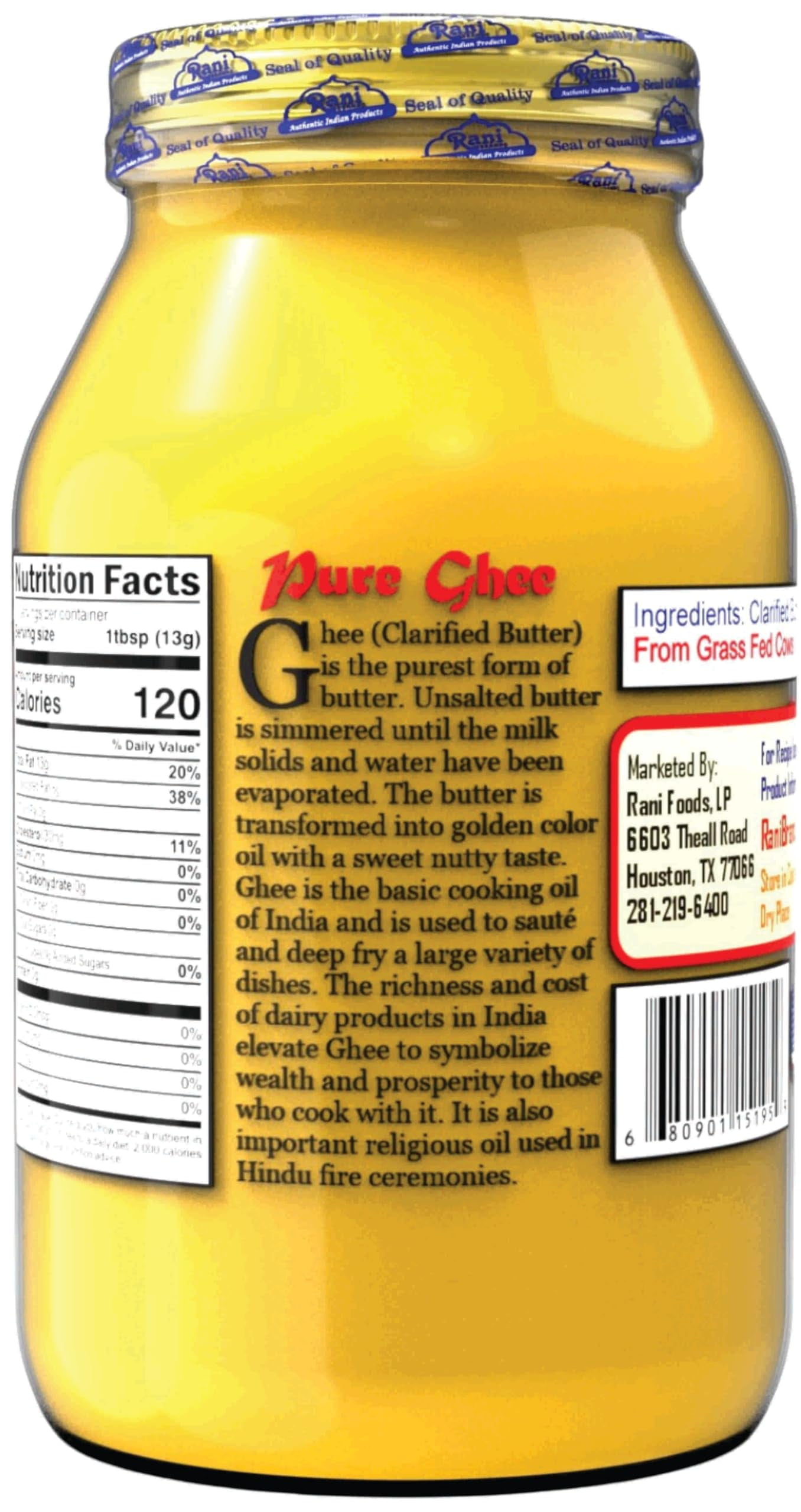 Rani Ghee Pure & Natural from Grass Fed Cows (Clarified Butter) 2lbs (32oz) ~ Glass Jar | Paleo Friendly | Keto Friendly | Gluten Free | Kosher | Product of USA