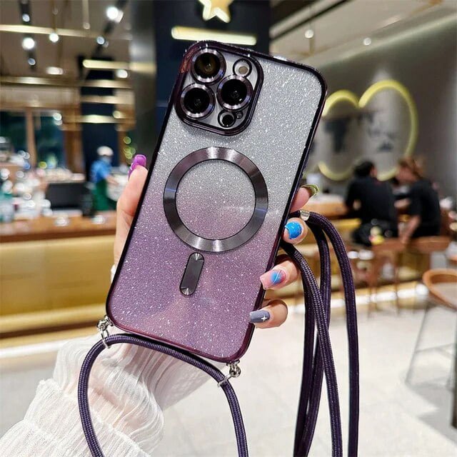 Crossbody Lanyard Gradient Glitter Magnetic Case For iPhone 15 14 13 12 11 Pro Max Plus For Magsafe Plating Soft TPU Back Cover
