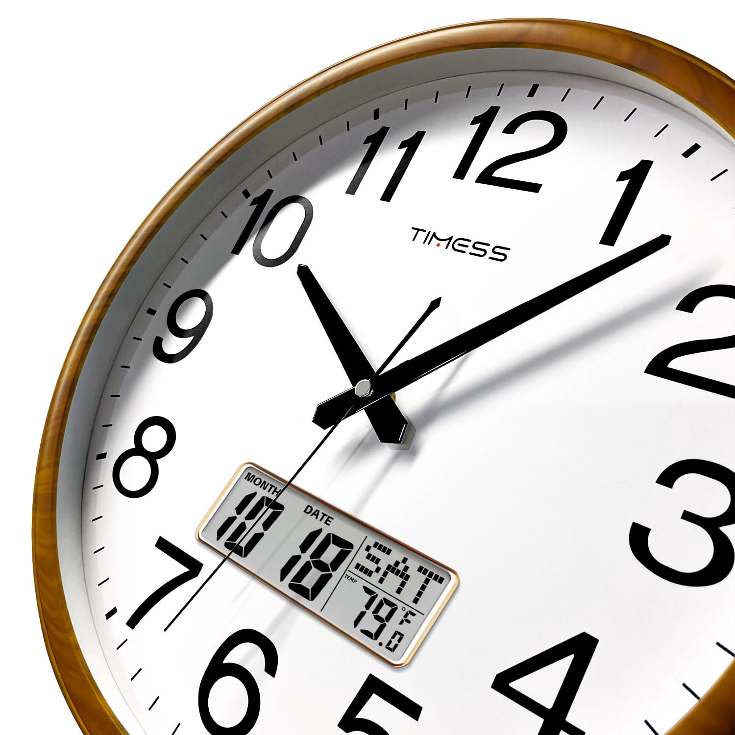 TIMESS 13" Digital Wall Clock with Light Wood Frame, Built-in Calendar & Thermometer, Quiet Quartz