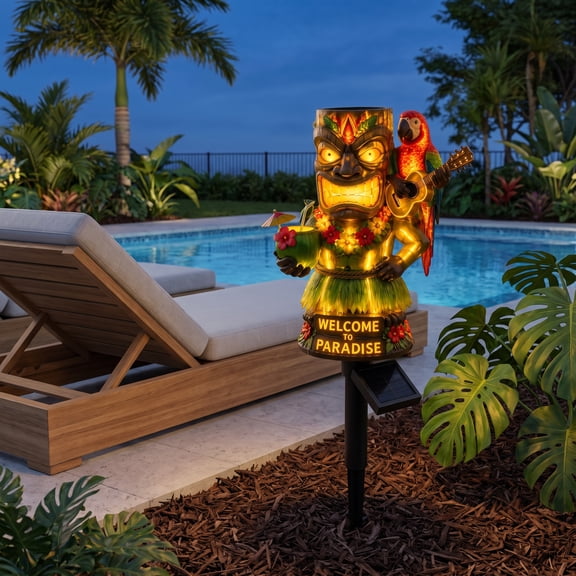 Hawaiian Paradise Tiki Solar Stake Light, Illuminated Resin Lawn Statue, Dusk Auto On Solar Tiki Lights Outdoor for Luau Party