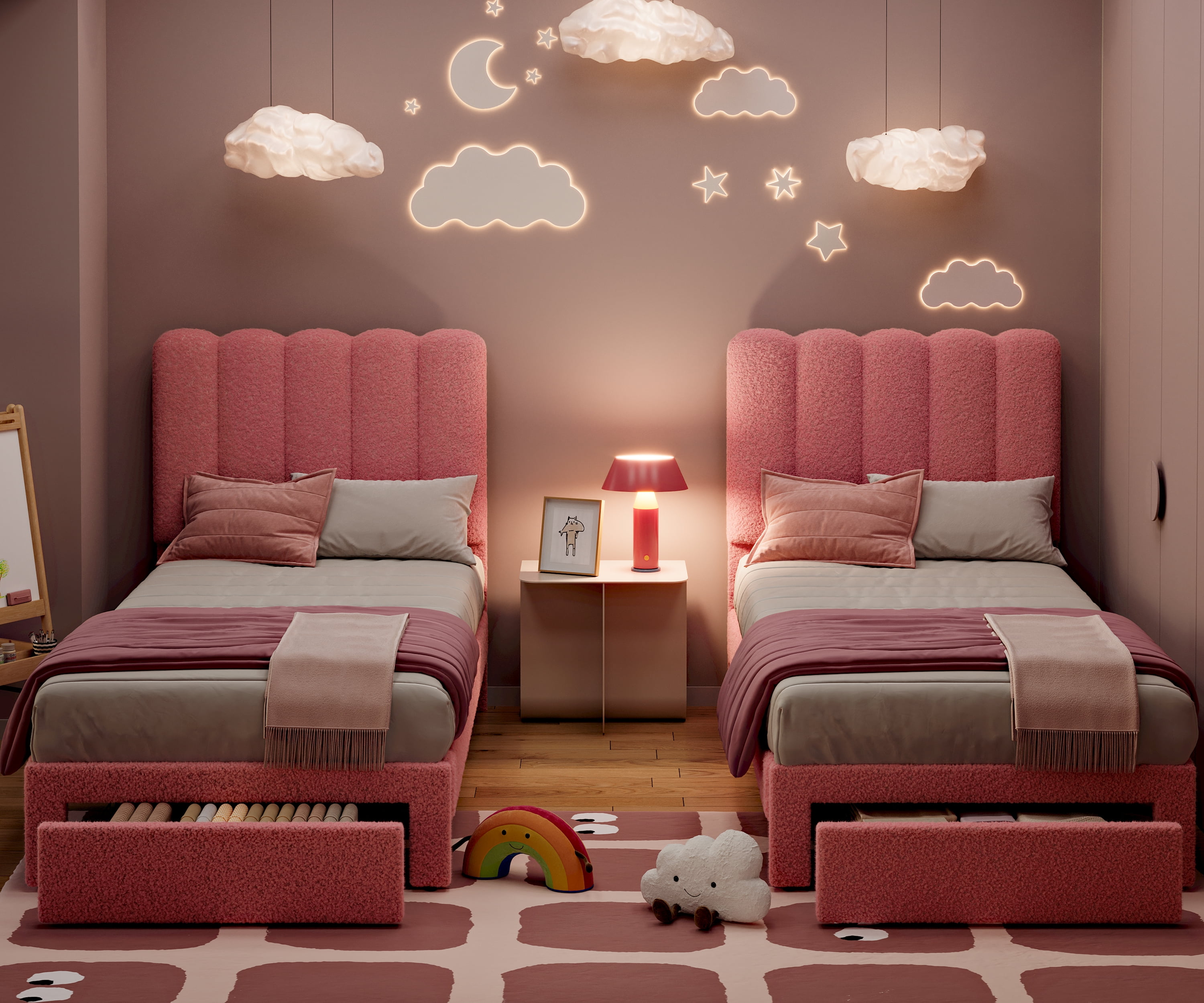 Towallmark 2025 New Twin Bed Frame with Under-Bed Drawer, Low Profile Upholstered Platform Bed with Wave Headboard, Wooden Slats Support, Pink