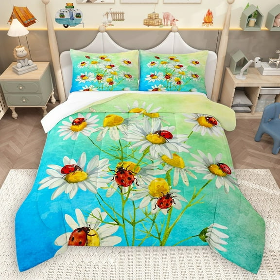 Homewish Chic Flower Daisy 2pcs Bedding Comforter Set for Kids Children Teens,Red Ladybird Twin Comforter Sets,Abstract Watercolor Gradient Breathable Bedding Set,Lightweight Room Decor