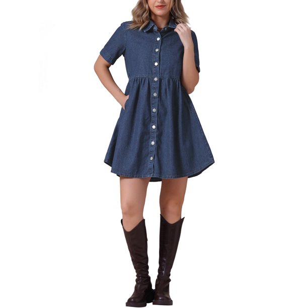 INSPIRE CHIC Vestido Mini de Mezclilla con Cuello y Botones de Manga Corta para Mujer M Azul Profundo
