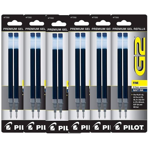 Value Pack of 6 - Pilot G2 Gel Ink Refills for Rolling Ball Pen, Fine Point, Navy Blue (77252)