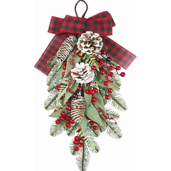 HaCpiu Christmas Teardrop Swag for Front Door Wreath Red Berry Pinecone Winter Pine Needles Artificial Swag Christmas Xmas Teardrop Door for Wall Hanging Indoor Outdoor Decor