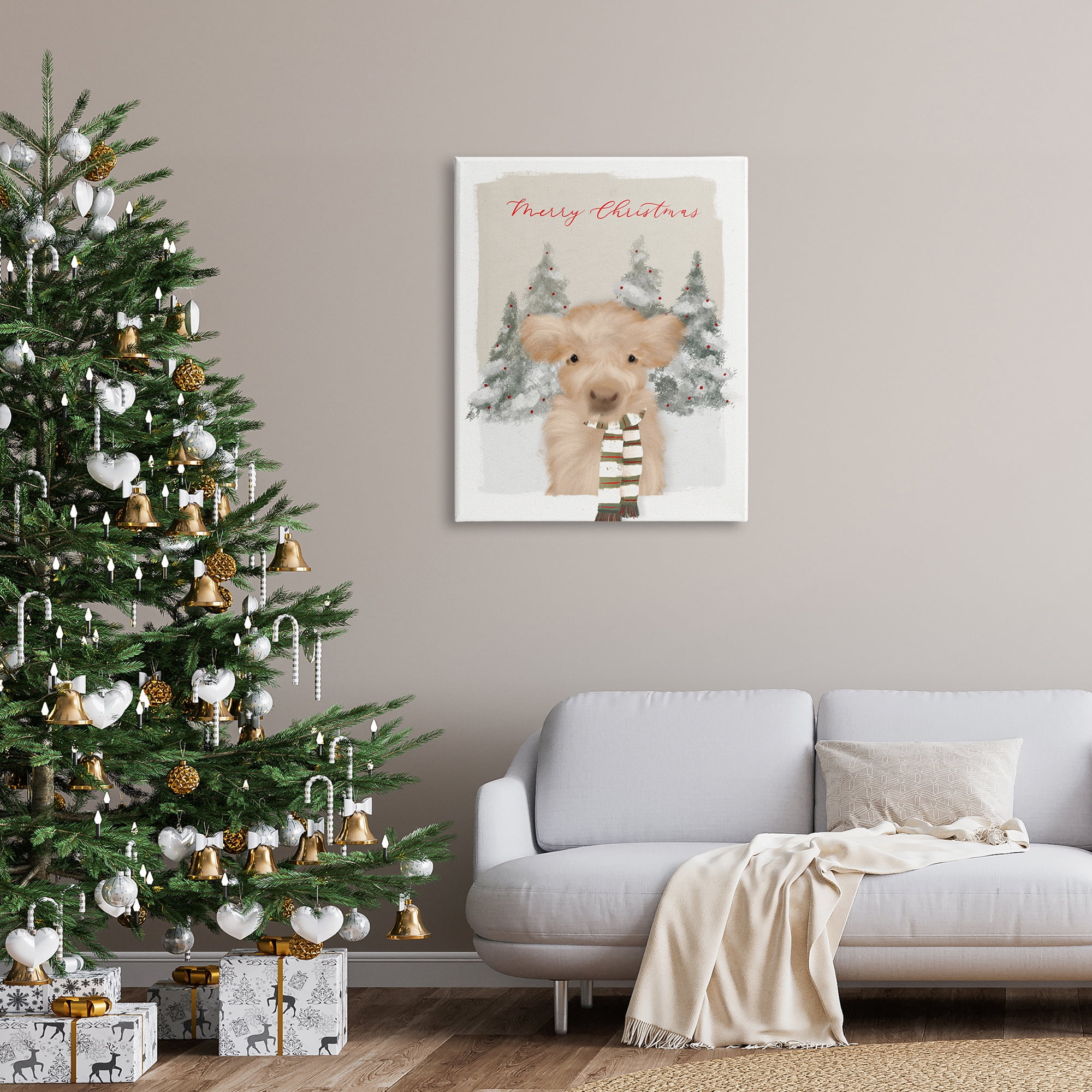 Merry Christmas Fuzzy Baby Calf Cattle Striped Scarf Animals & Insects Graphic Art Gallery-Wrapped Canvas Print Wall Art