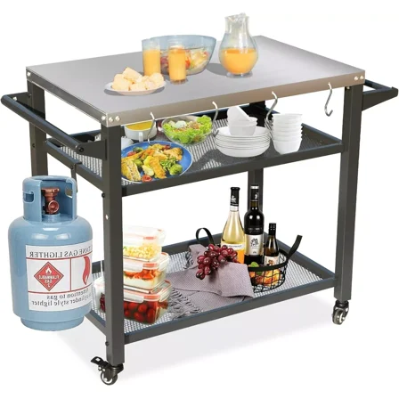 Total Outdoor 3-Shelf Grill Table: Mobile Grill Cart, Outdoor Pizza Oven & Food Prep Table, Stainless Steel Surface with Tank Hook, Griddle Stand for Blackstone Griddle BBQ Outdoors