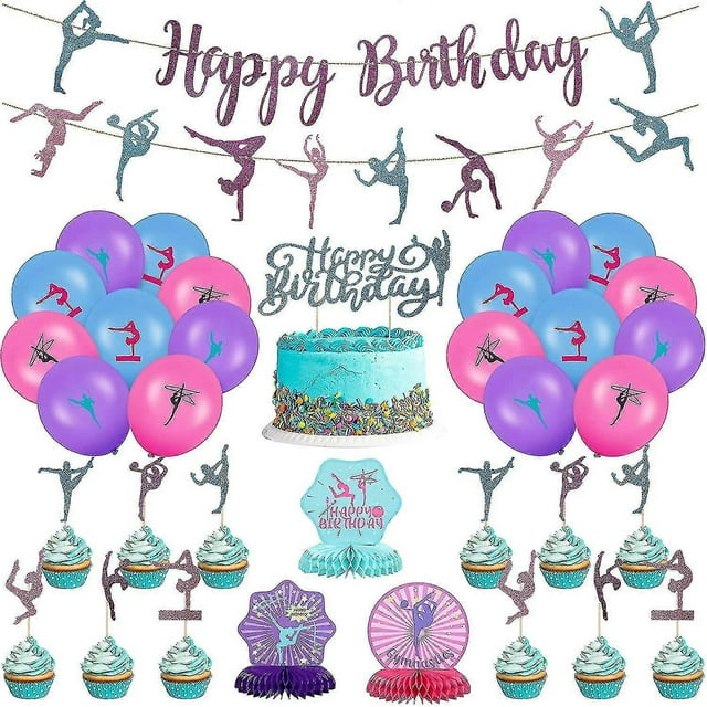 36 Pieces Gymnastics Party Supplies Decoration 2 Gymnastics Birthday Banner 3 Table Honeycomb Centerpieces 12 Cupcake Topper 1 Cake Topper 18 Latex