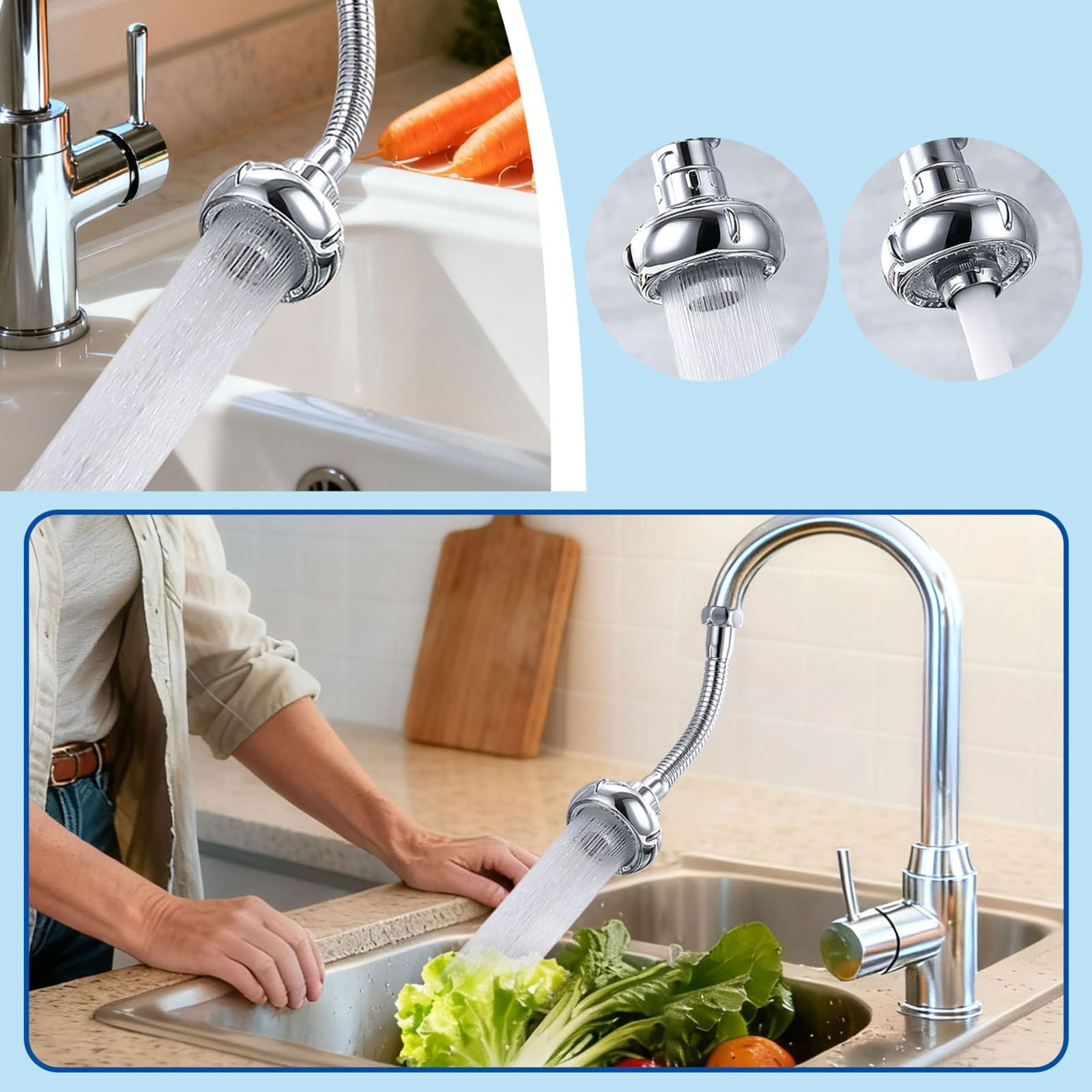 Faucet Extender With 360° Swivel & Dual Spray Modes – Tool-Free Installation, Fits Most Kitchen & Bathroom Sinks