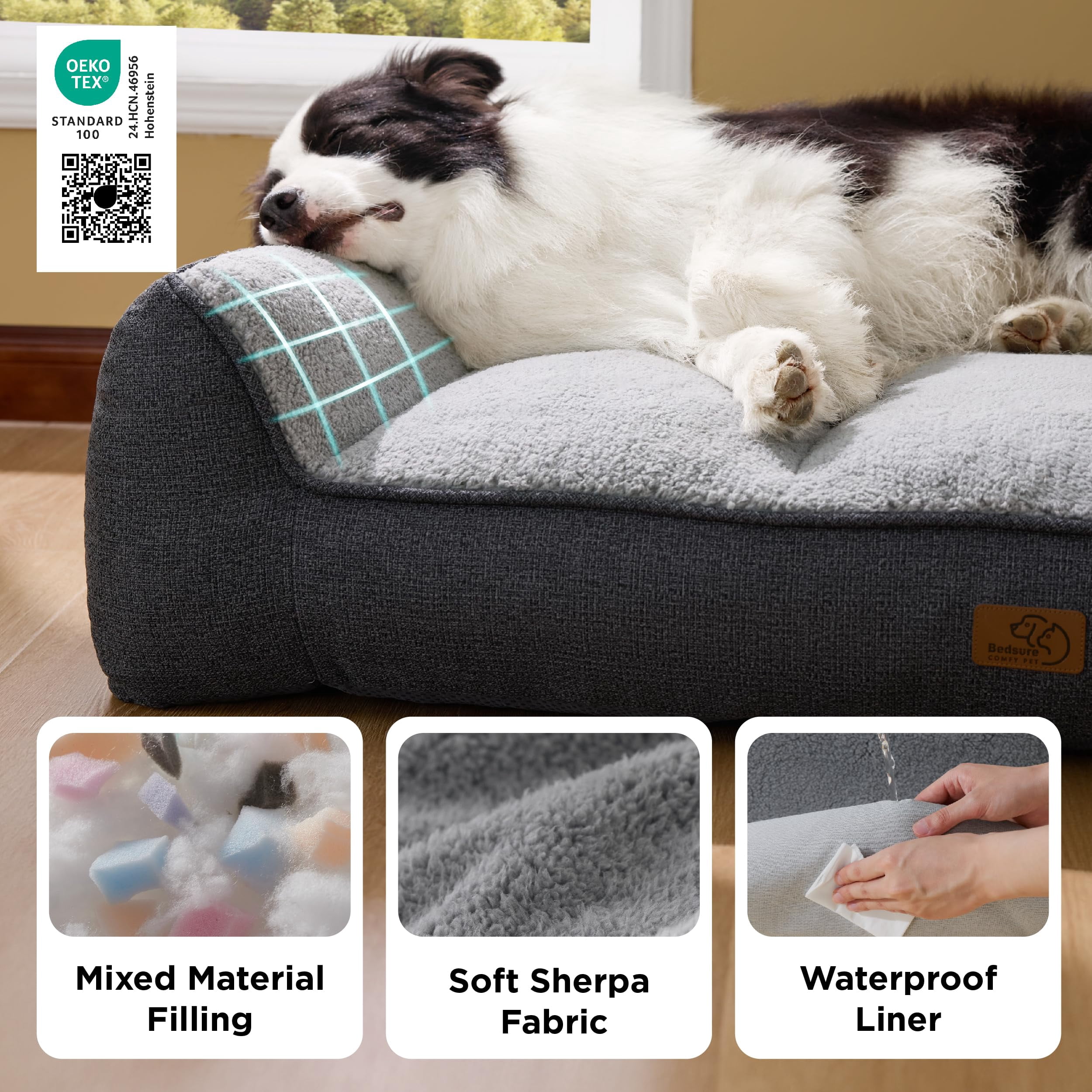 U by Bedsure Support Max Orthopedic Dog Bed for Extra Large Dogs - Extra Thick Foam XL Pet Couch Sofa with Bolster Sides, Waterproof Washable Sherpa Cover, Grey, 42"