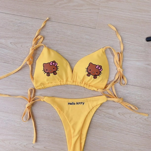 Sanrio-Bikini de Hello Kitty de Anime japonés Y2K para chicas picantes, traje de baño Sexy para la playa, traje de baño dividido con almohadillas para el pecho