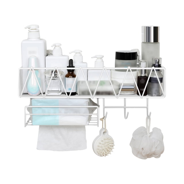 Cesta de ducha con toallero facial 3 ganchos Estante de baño Organizador Montado en la pared Estante Tomshoo Blanco