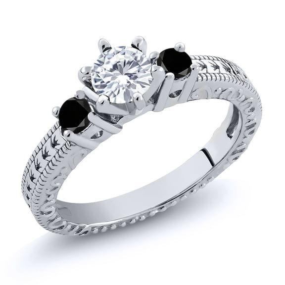 Gem Stone King 925 Sterling Silver Black Diamond Ring Set with Moissanite (0.70 Cttw) (Size 6)
