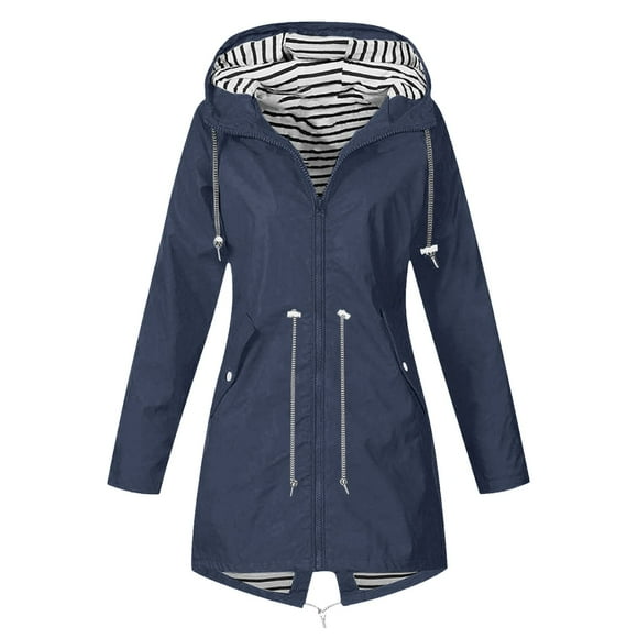 PMVFHDE Womens Rain Poncho Women Solid Rain Jacket Outdoor Plus Size Hooded Windproof Loose Coat Dark Blue,XXXL