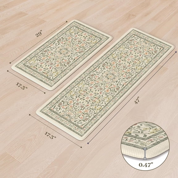 Anti Fatigue Kitchen Mats for Floor, Boho Floral Kitchen Rugs Sets of 2, Cushioned Kitchen Floor Mats Non Slip, Comfort Spring Rugs for Kitchen Floor Sink Laundry Desk Beige 17.3"x29" 17.3"x47"