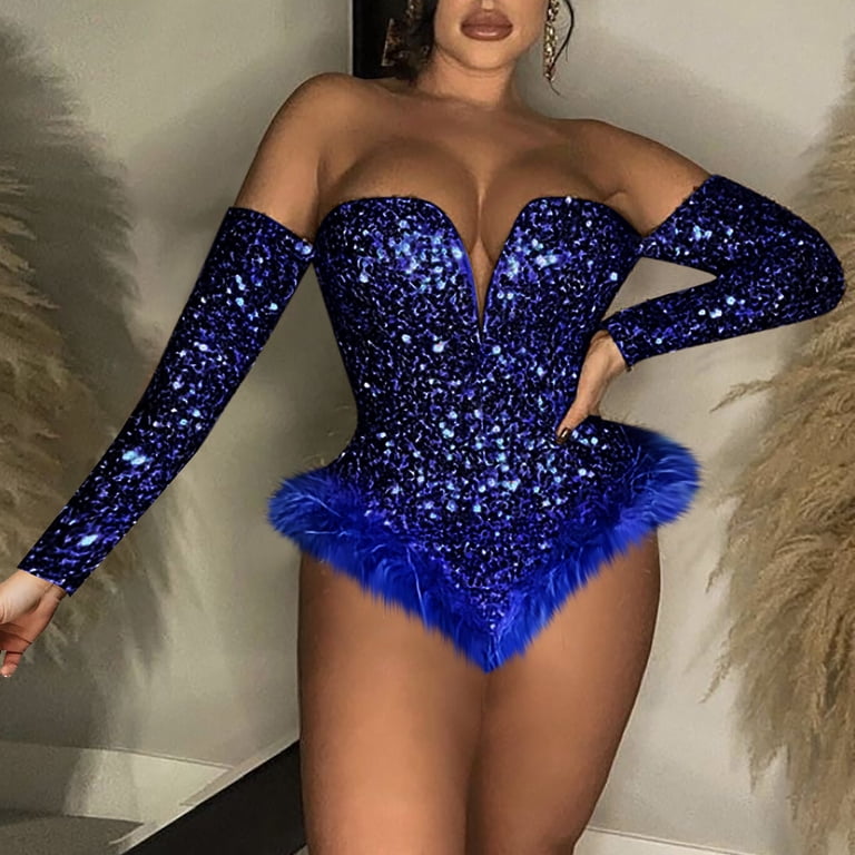 Jumpsuit Women'S Zipper Offshoulder Sequin Velvet Long Sleeve Bodysuit Sexy  Body Suit Tops,Blue Mardi&nbsp;Gras Women'S Polyester Jumpsuit M