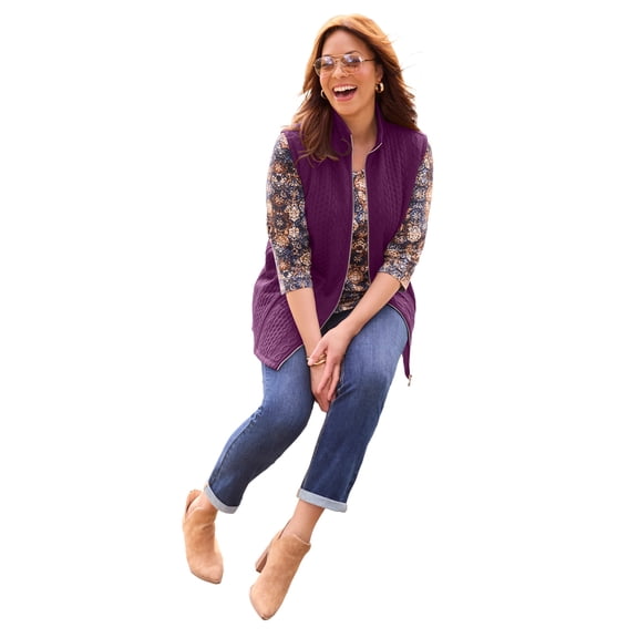 Catherines Women's Plus Size Zip-Front Cable Vest
