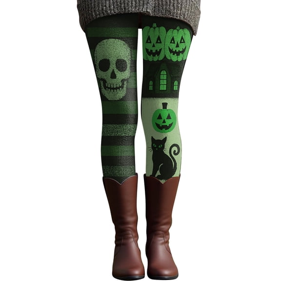 Hkoxplj Leggings for Women Halloween Leggings Retro Printed High Waist Cotton Blend Stretch Pants Slim Fit Yoga Leggings with Asymmetric Pumpkin Black Cat Skull Print for Women
