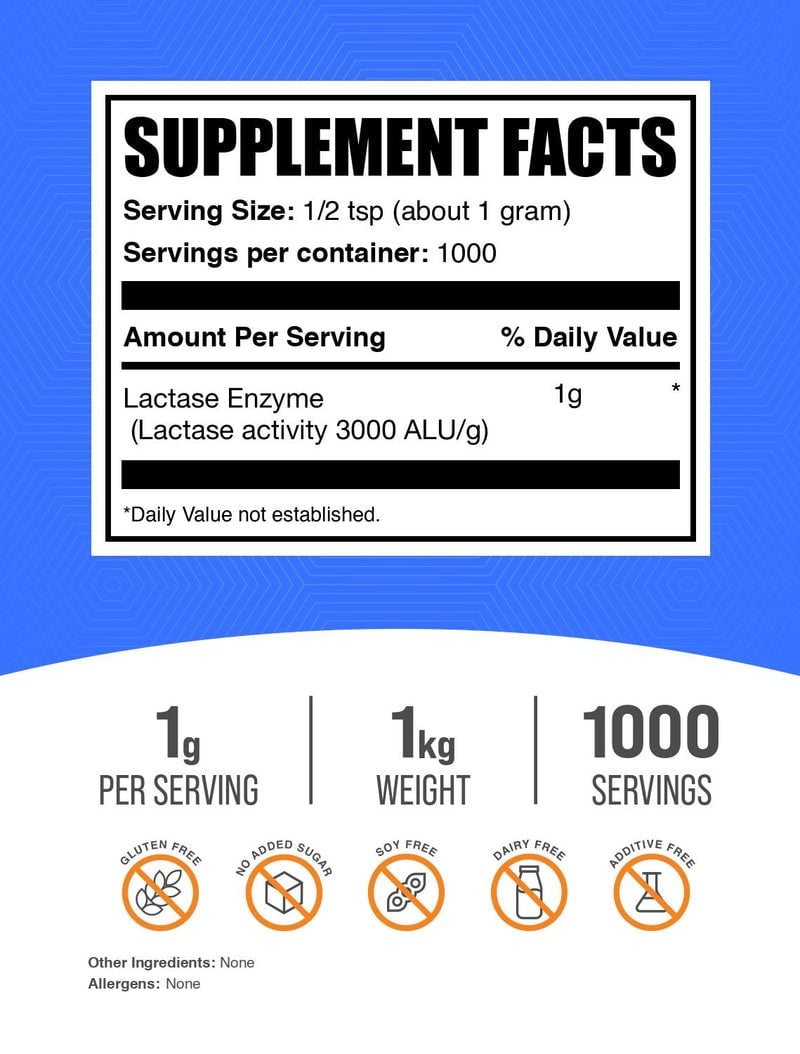 BulkSupplements Lactase Enzyme Powder - 3000 ALU, 1g per Serving - 1 Kilogram (2.2 lbs) - 1000 Servings