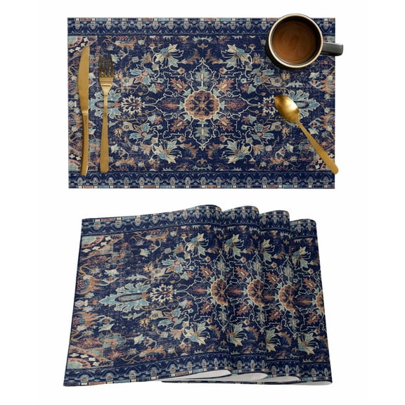 Navy Blue Boho Placemats Set of 4, Abstract Art Ethnic Vintage Geometric Placemats for Dining Table, Place Mats for Kitchen Tabletop, Waterproof Wipeable Dining Table Mats Set